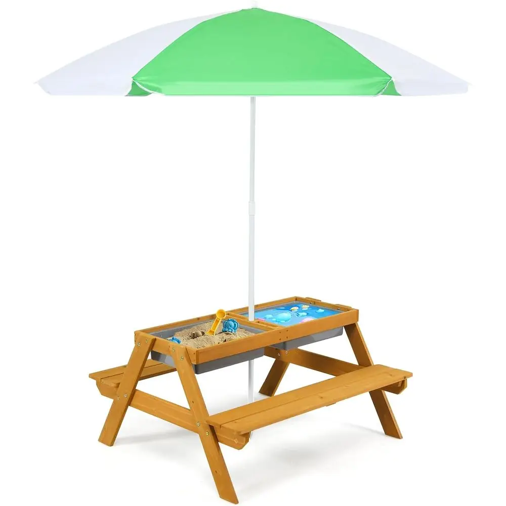 Kids Outdoor Water Table - 3-in-1 Height-Adjustable Umbrella Kids Picnic Table