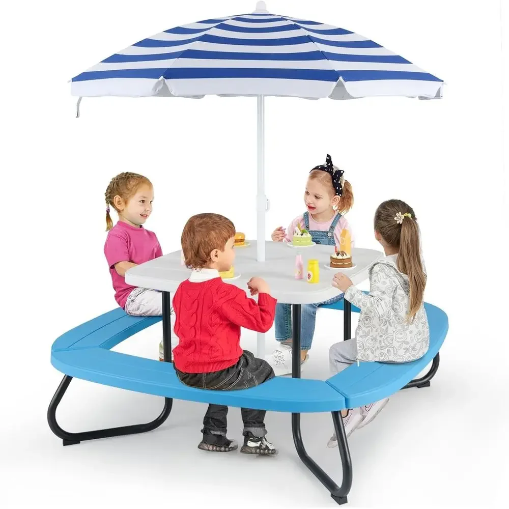 Kids Outdoor Table With Umbrella - 8-Person Kids Picnic Table with Umbrella,
