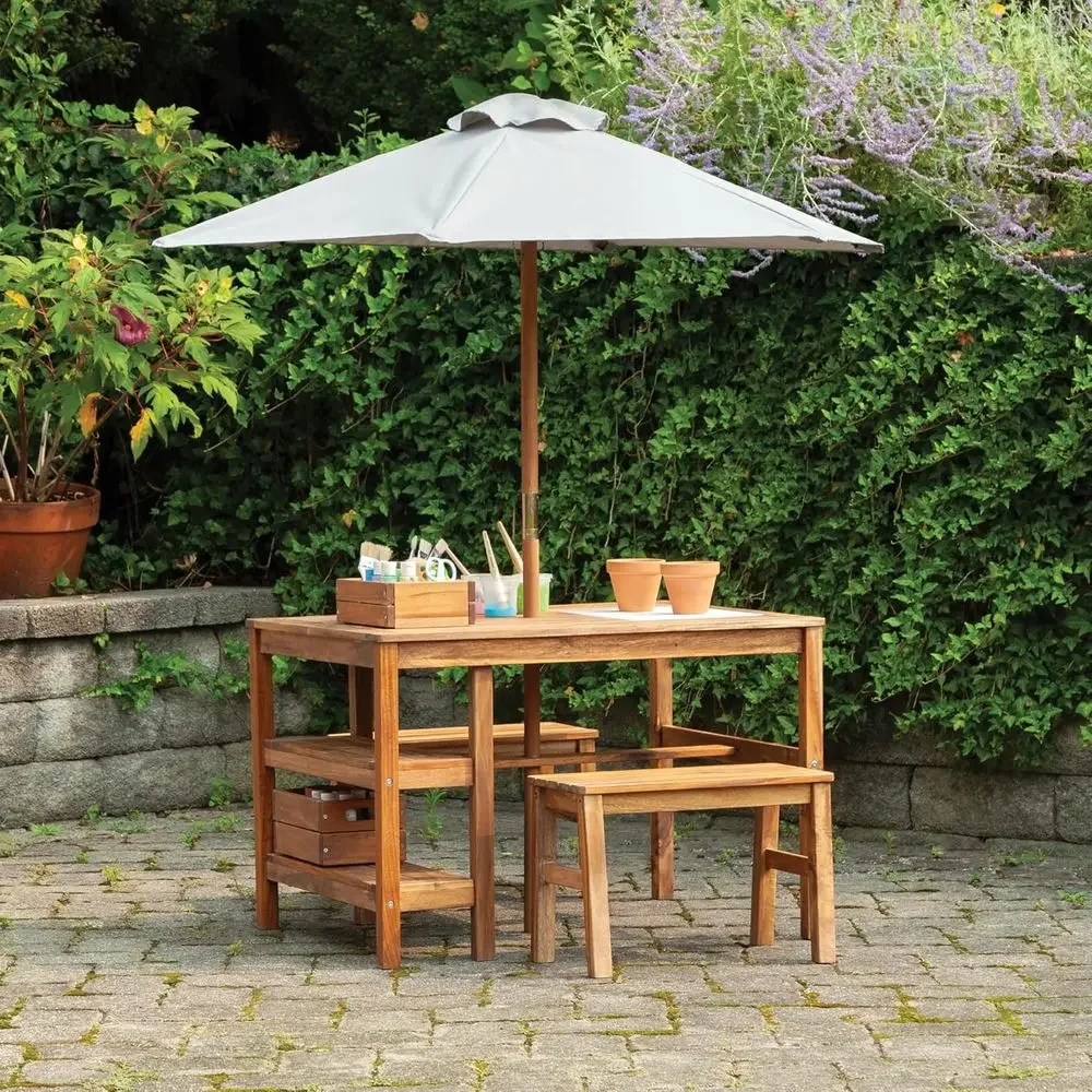 Kids Outdoor Table With Umbrella - Kids Outdoor Crat Table, Benches &