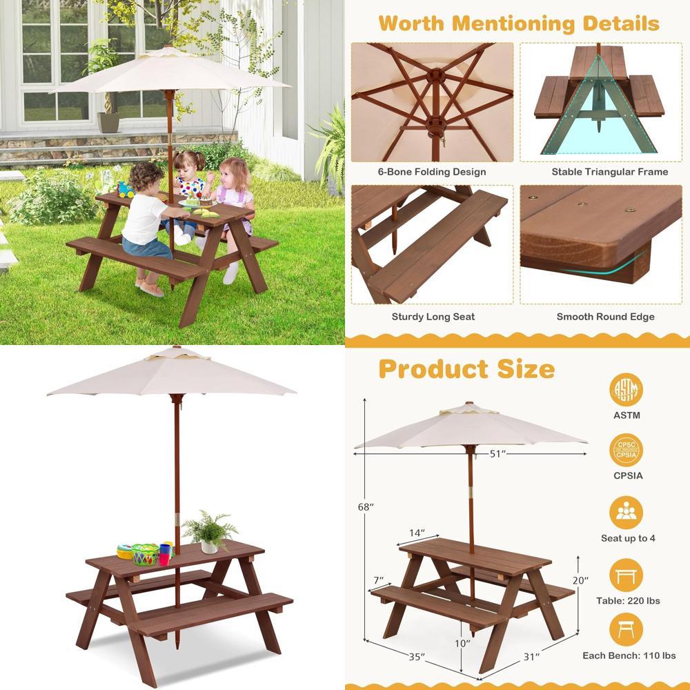 Kids Outdoor Table With Umbrella - Durable Wooden Kids Picnic Table Set