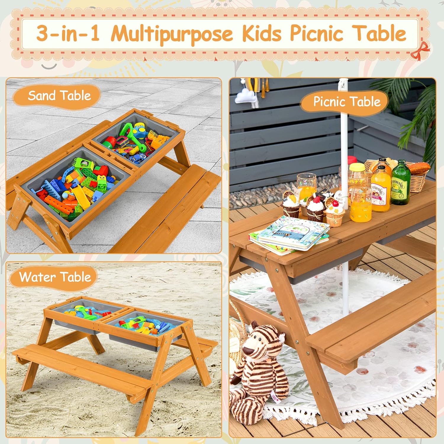 4in1 Cedar Kids Picnic Table w - Kids Outdoor Table With Umbrella recension och pris