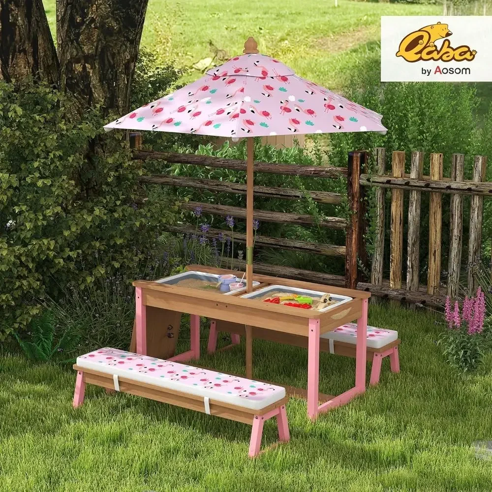 Wooden Picnic Table Set with U - Kids Outdoor Table With Umbrella recension och pris