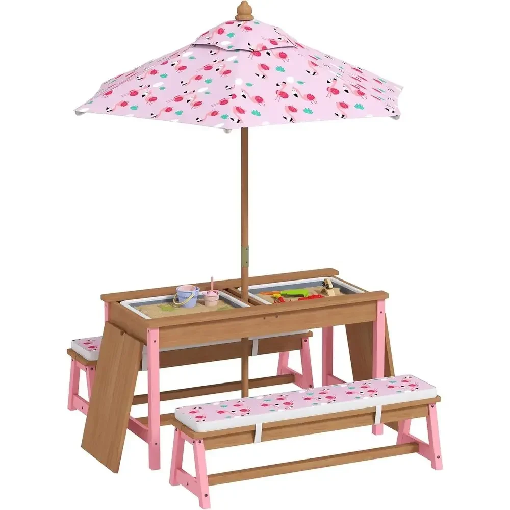 Wooden Picnic Table Set with U - Kids Outdoor Table With Umbrella recension och pris